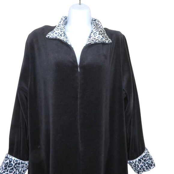 Vintage Neiman Marcus Black Velour Long Robe Leopard Print Collar Cuffs Zip L - Picture 1 of 12